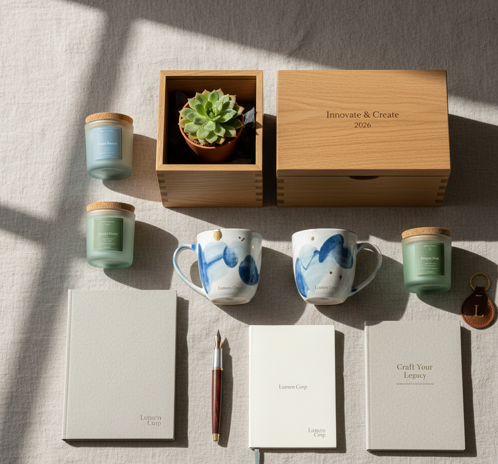 A luxury flat-lay of handmade corporate gift